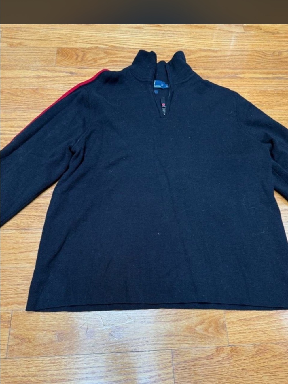 Polo by Ralph Lauren Wool Black Zip-Front Sweater with Red Shoulder Stripe
